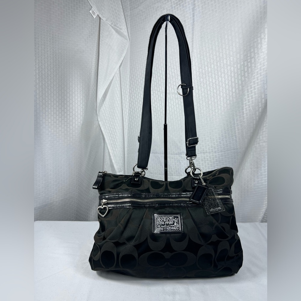 4151: Coach Poppy Signature Glam Tote Shoulder Bag Black Gray Jacquard